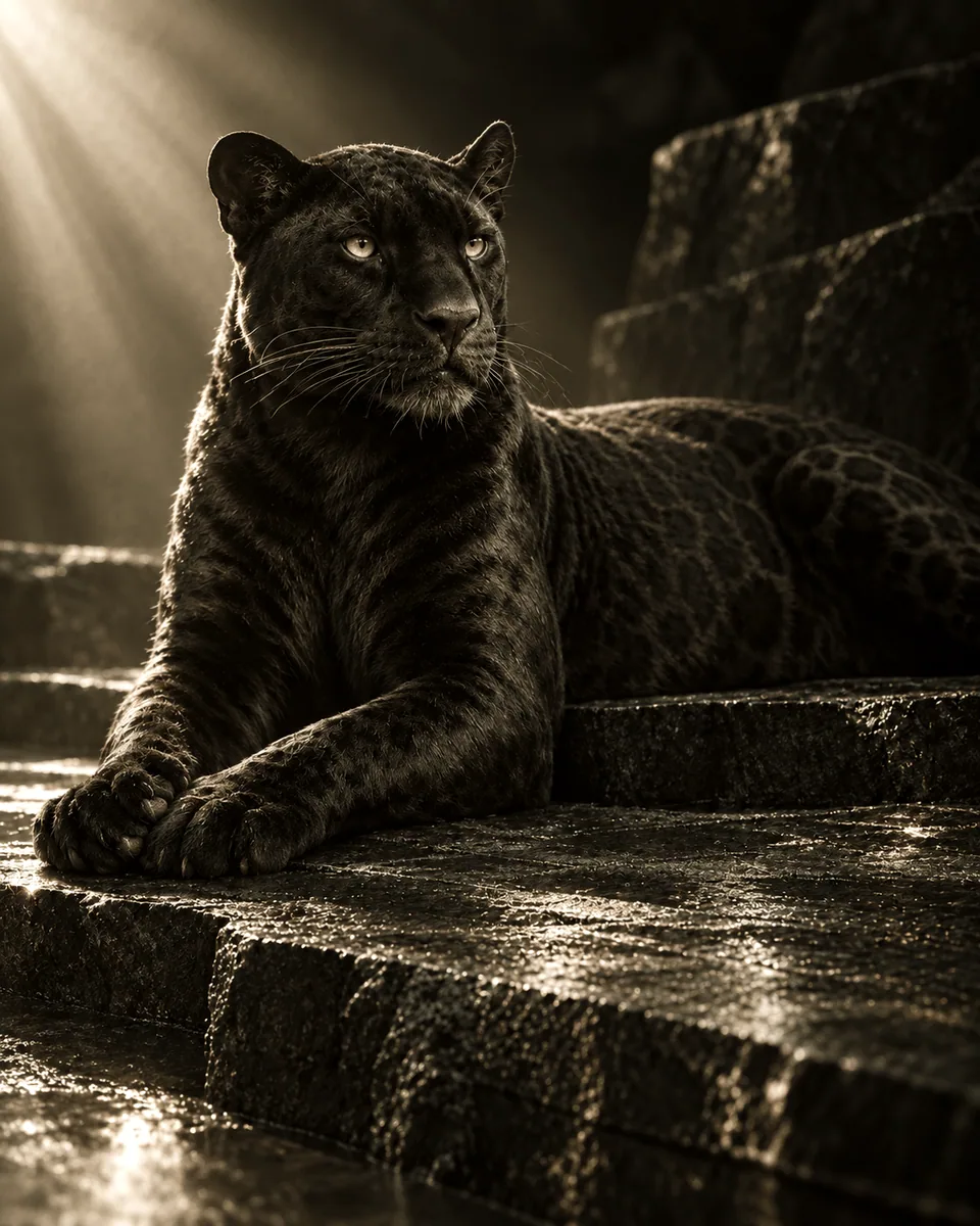 A black panther lying on wet stone steps, lit by a shaft of light from the upper left.