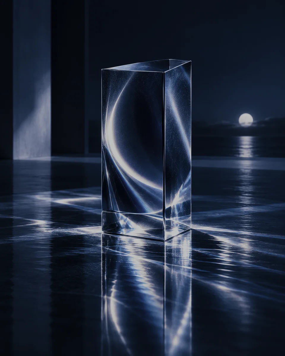 A tall glass block on a dark reflective floor at night, the moon low over the sea behind it.