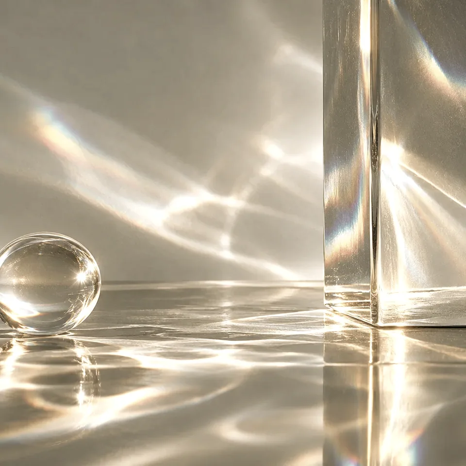A clear glass sphere and a glass block on a pale reflective surface, with refracted light across the wall.